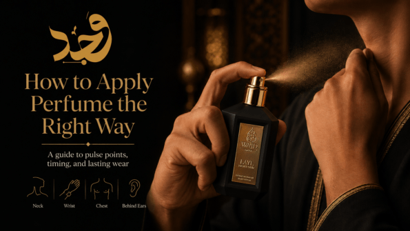 Hand spraying WAJD LAYL Extrait de Parfum on the neck, demonstrating how to apply perfume at pulse points: neck, wrist, chest and behind the ears