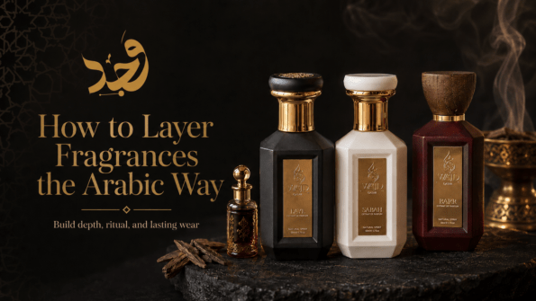 WAJD Layl, Sabah, and Barr extrait de parfum bottles with oud and attar for layering fragrances
