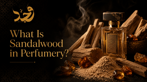 WAJD Extrait de Parfum bottle styled with raw sandalwood wood and powder, representing sandalwood fragrance in perfumery