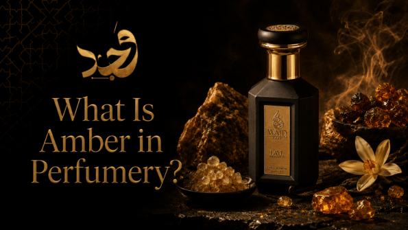 WAJD fragrance bottle with amber resin chunks and beads for an amber fragrance accord