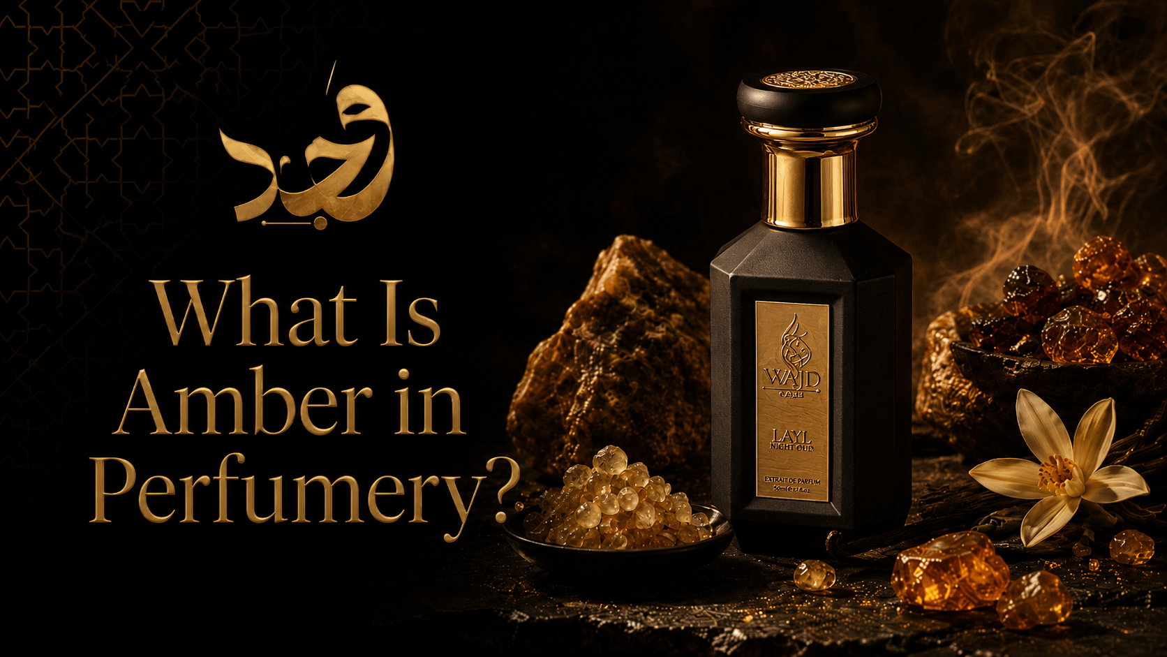 WAJD fragrance bottle with amber resin chunks and beads for an amber fragrance accord