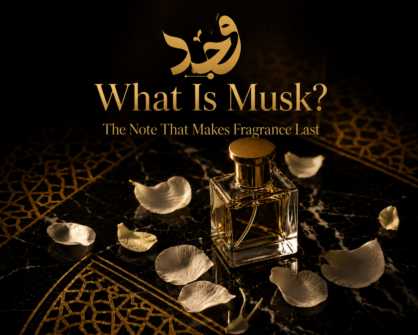 musk fragrance crystal bottle with white petals on dark marble