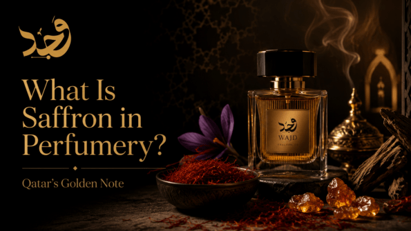 WAJD Extrait de Parfum bottle styled with saffron threads, representing saffron fragrance