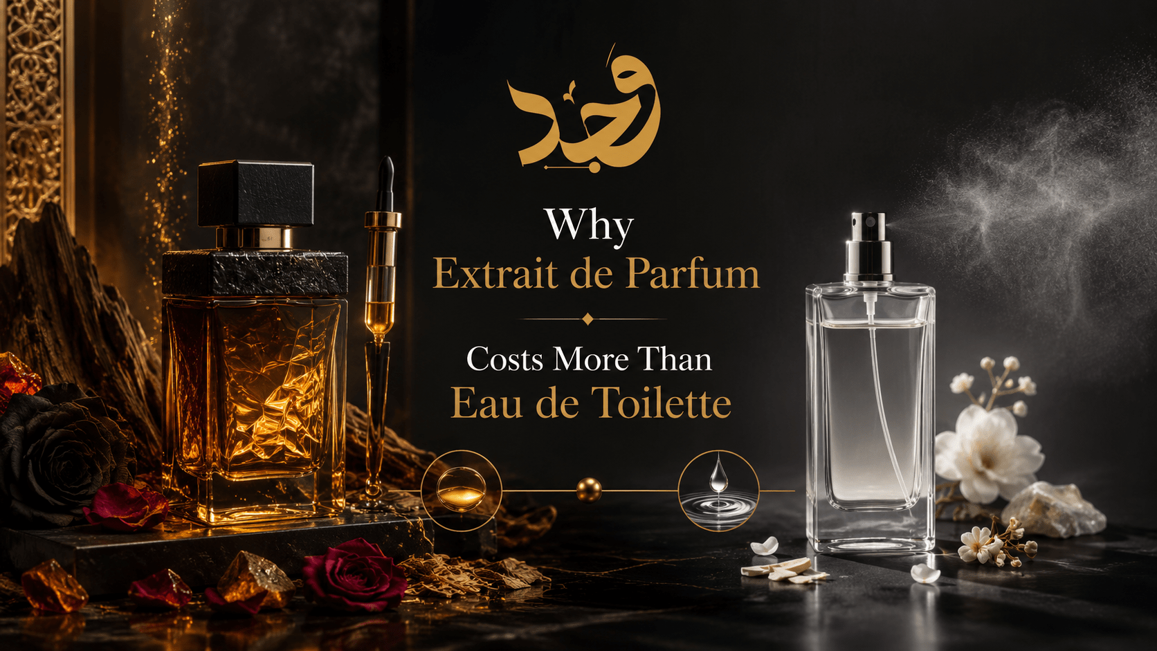 Extrait de parfum price reflected in two luxury bottles on marble