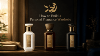 Fragrance wardrobe collection of bottles on dark marble surface