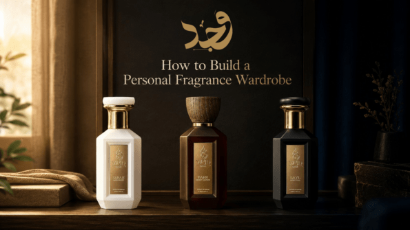Fragrance wardrobe collection of bottles on dark marble surface