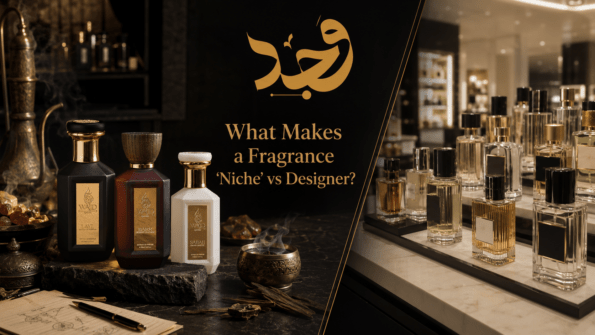 Niche vs designer perfume bottles displayed on dark marble surface