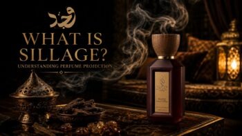 Perfume sillage trail drifting from a bottle on dark marble