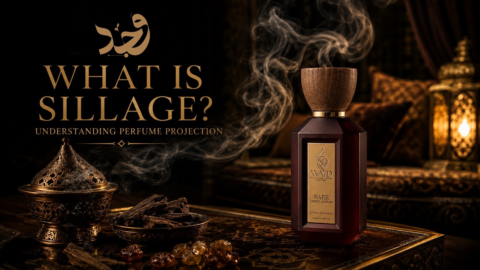 Perfume sillage trail drifting from a bottle on dark marble
