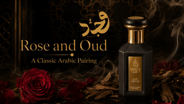 Rose and oud fragrance pairing with petals and dark agarwood