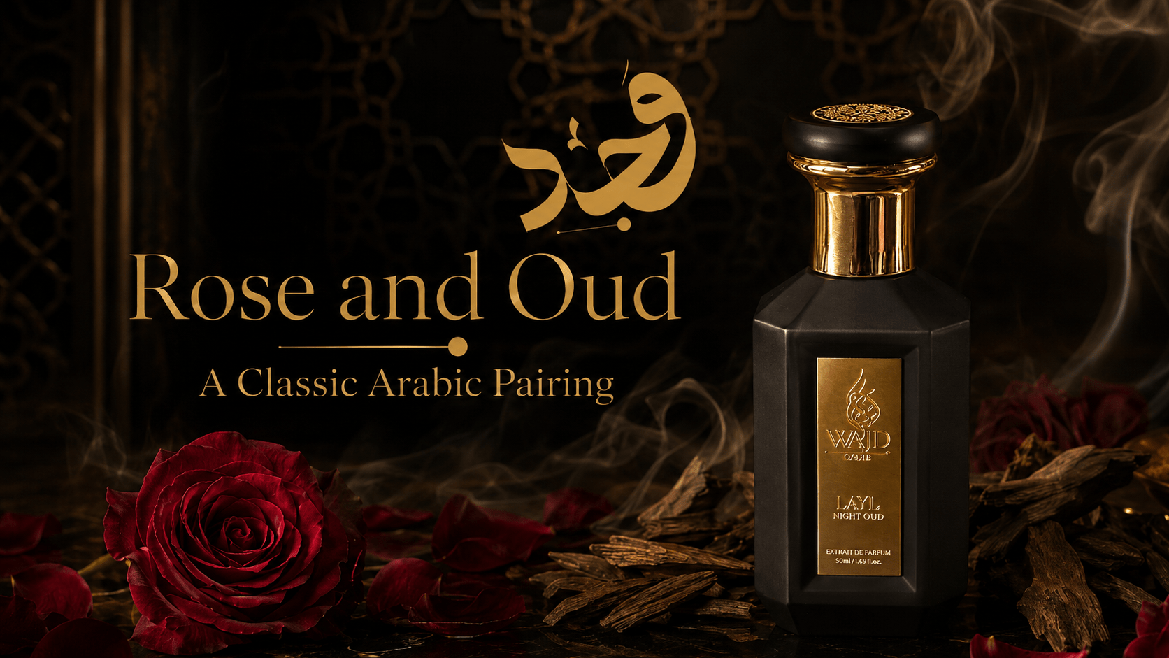 Rose and oud fragrance pairing with petals and dark agarwood