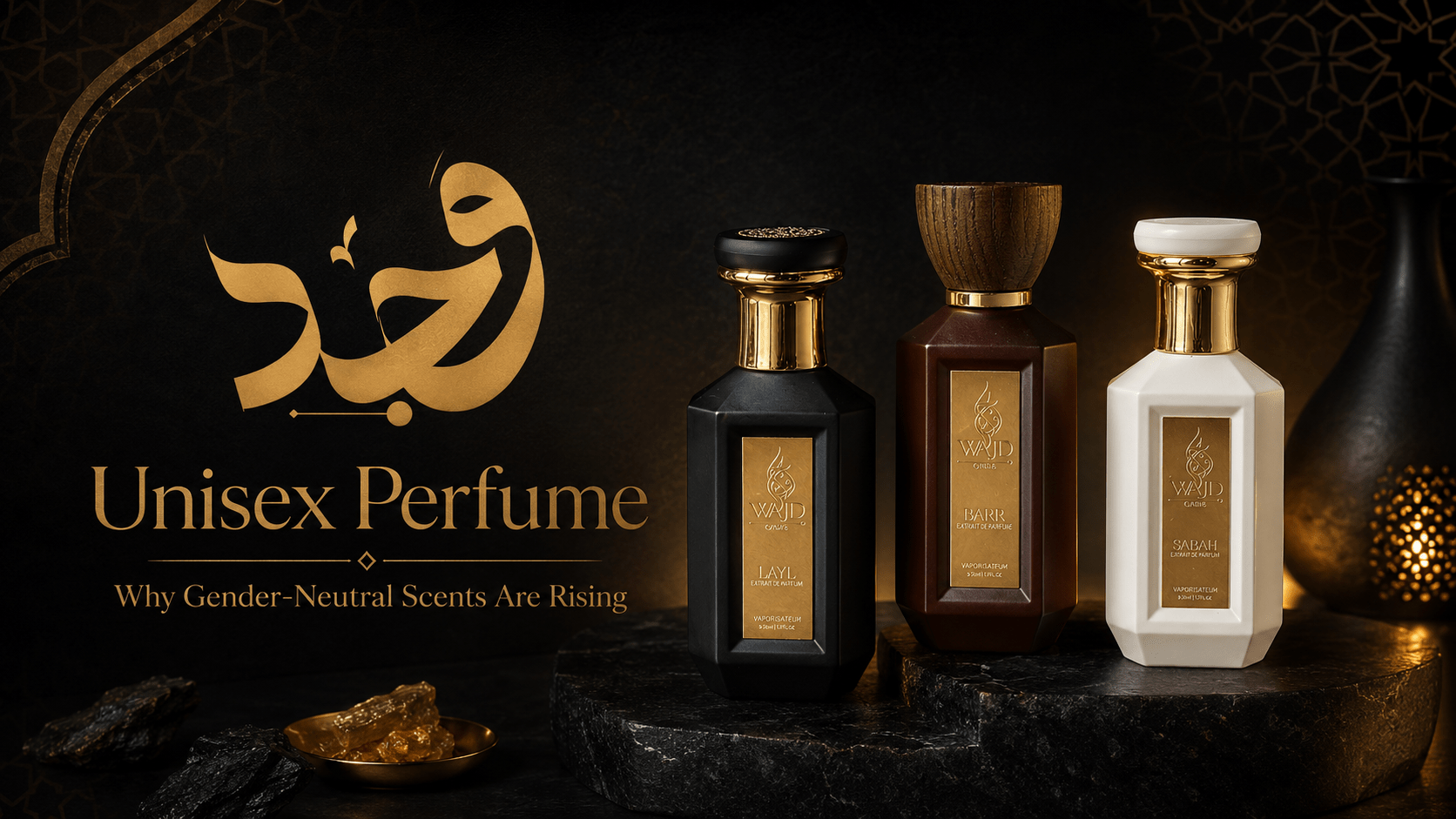 Unisex perfume bottle blending masculine and feminine fragrance notes