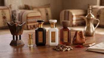 Arabic perfumery guide: bakhoor burner, attar vial, oud chips and saffron beside WAJD LAYL, SABAH and BARR bottles