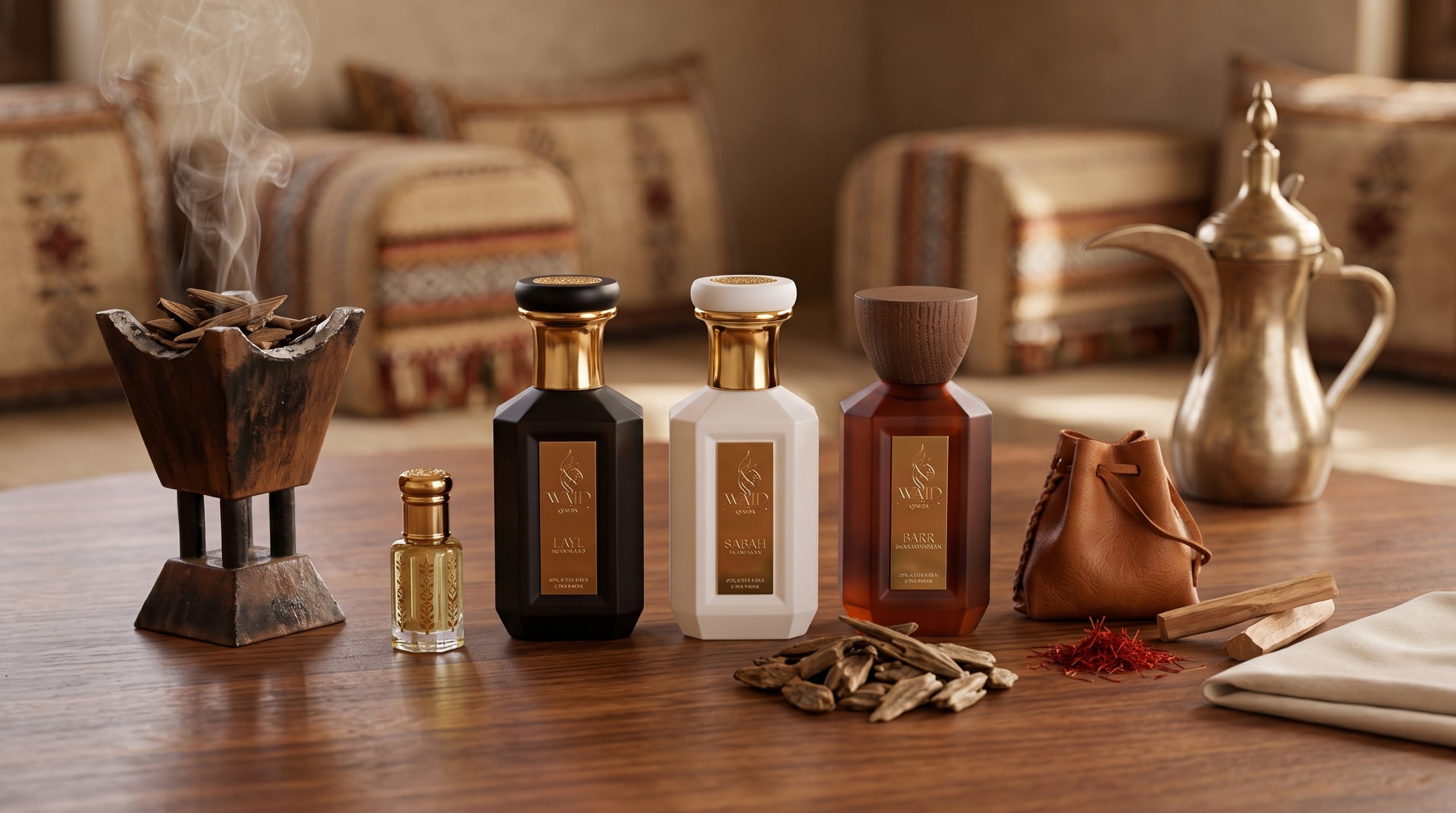 Arabic perfumery guide: bakhoor burner, attar vial, oud chips and saffron beside WAJD LAYL, SABAH and BARR bottles