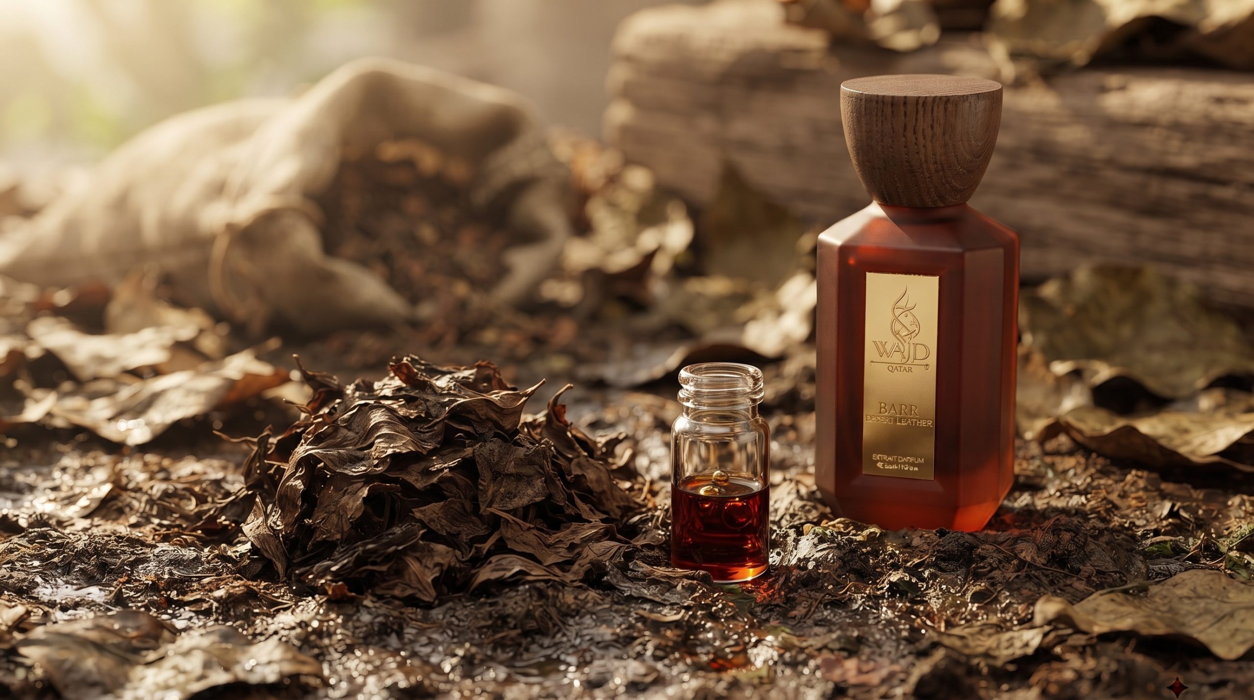Patchouli fragrance: WAJD BARR Desert Leather Extrait de Parfum with dried patchouli leaves and a vial of patchouli oil