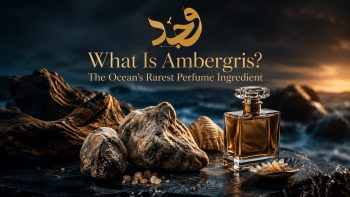 Ambergris fragrance: raw ambergris stones on a dark rocky shore beside an amber perfume bottle at dusk