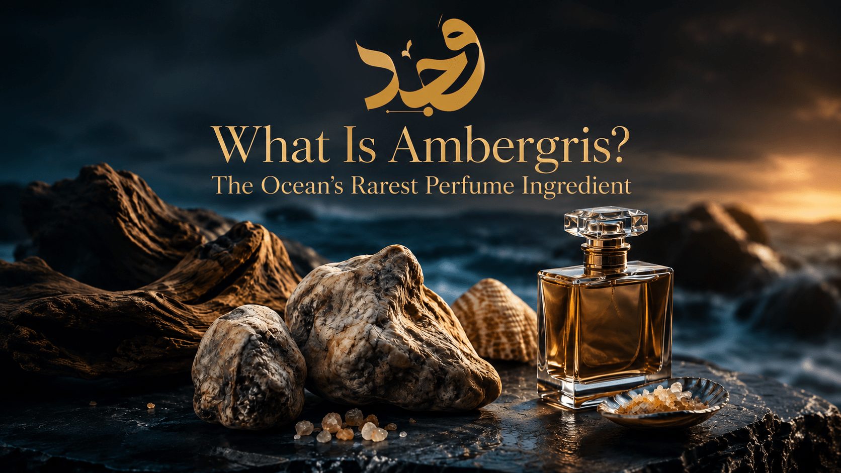 Ambergris fragrance: raw ambergris stones on a dark rocky shore beside an amber perfume bottle at dusk