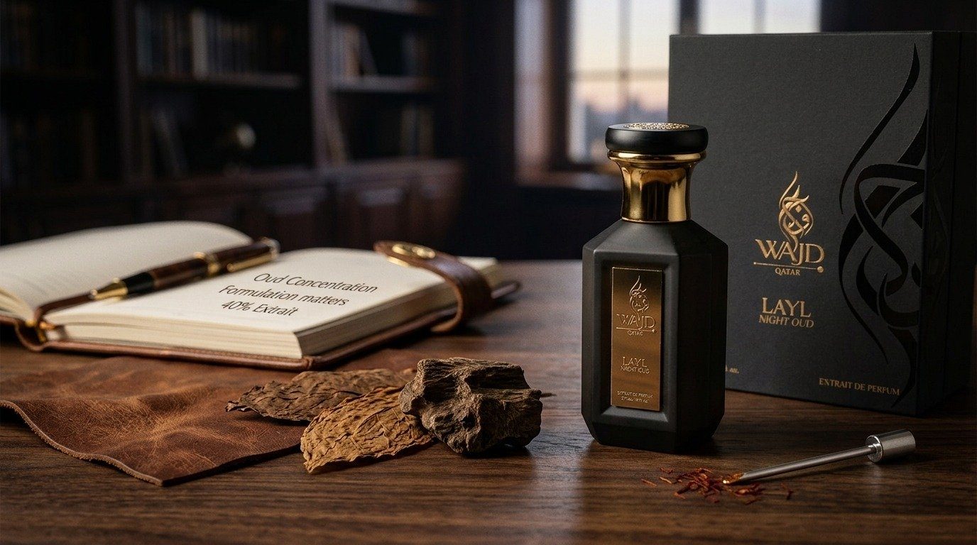 Best oud perfume for men: WAJD LAYL Night Oud with its gift box, raw oud wood and saffron on a study desk
