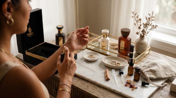 Perfume myths: woman applying perfume to her wrist beside WAJD bottles, essential oils and a marble vanity tray