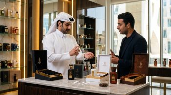 Qatari man in a white thobe and ghutra testing WAJD Extrait de Parfum on his wrist at a luxury perfume counter in Doha, with WAJD LAYL, SABAH and BARR bottles and gift boxes on a marble counter