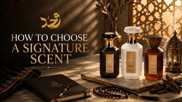 How to choose a signature scent: WAJD LAYL, SABAH and BARR with a journal, prayer beads and oud on marble