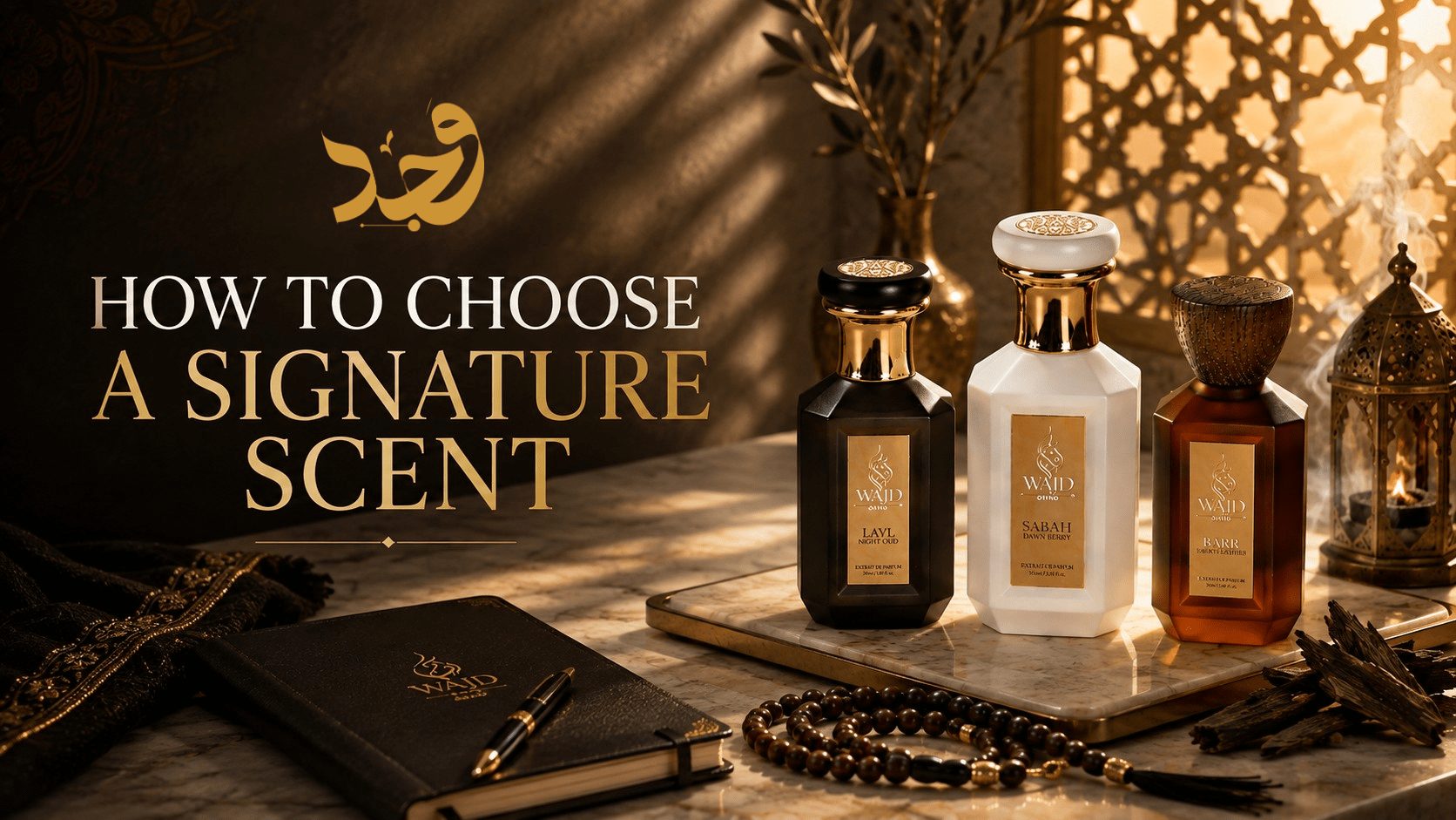 How to choose a signature scent: WAJD LAYL, SABAH and BARR with a journal, prayer beads and oud on marble