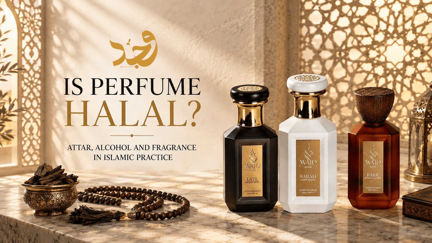 Is perfume halal: WAJD LAYL, SABAH and BARR with oud chips and prayer beads under an Arabic lattice screen
