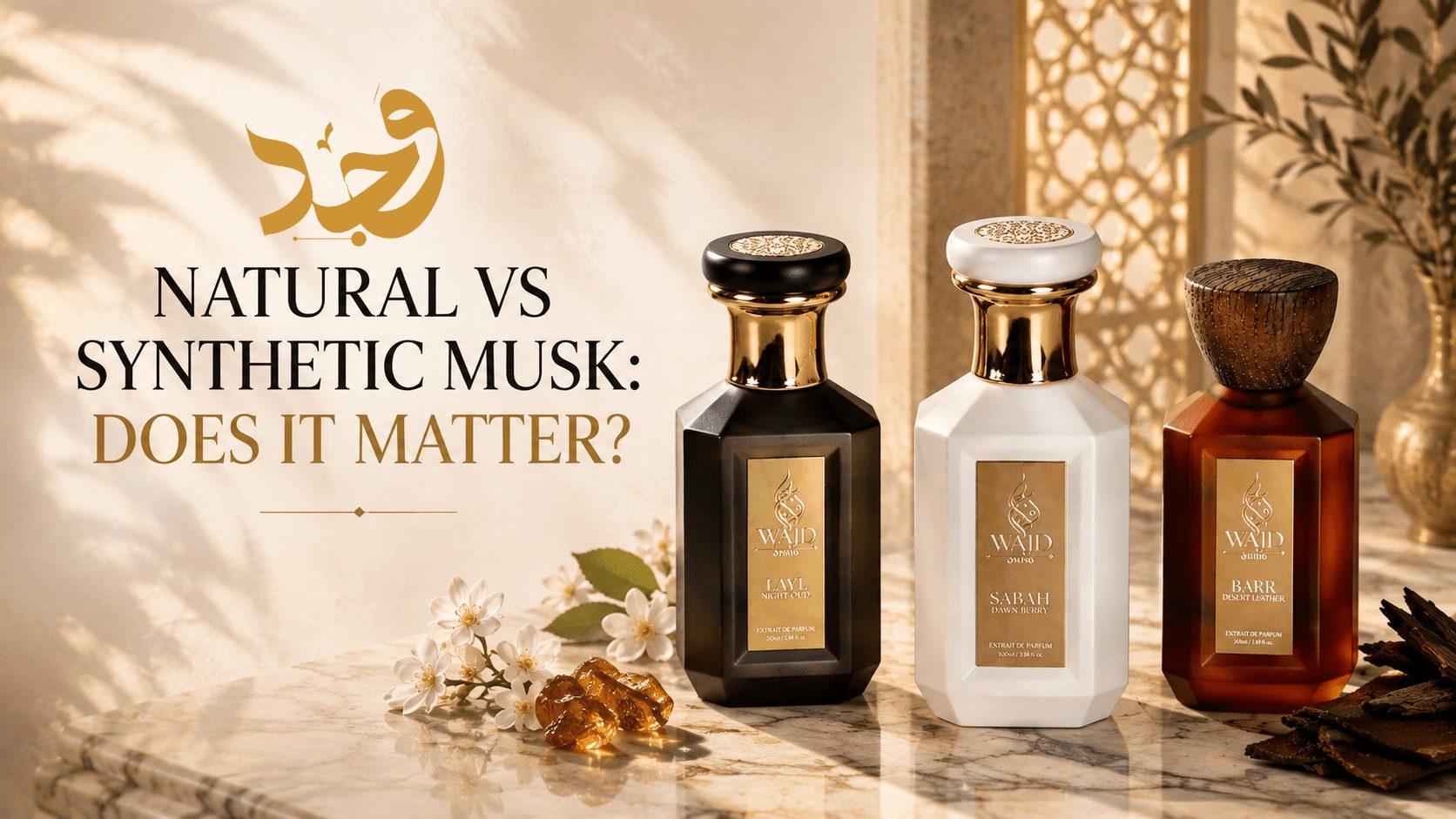 Natural vs synthetic musk: WAJD LAYL, SABAH and BARR with white flowers and amber resin on marble