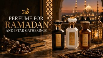 Perfume for Ramadan: WAJD LAYL, SABAH and BARR with dates, prayer beads and lanterns before a mosque at dusk