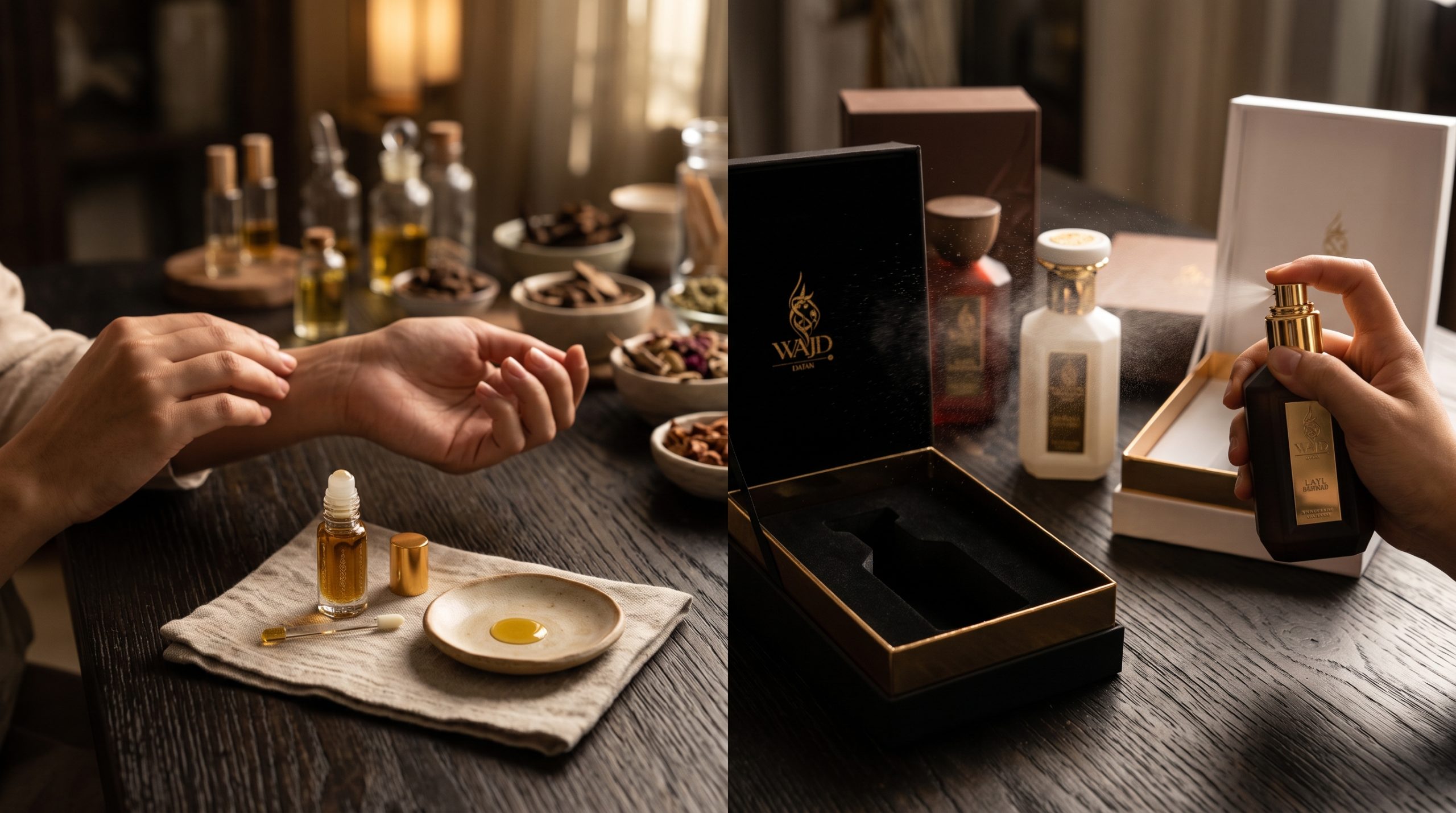Perfume oil vs alcohol: perfume oil roller applied to the wrist beside a WAJD Extrait de Parfum spray bottle