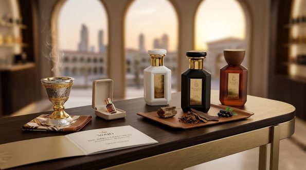 Qatar luxury perfume brands: WAJD SABAH, LAYL and BARR with a bakhoor burner and oud tray, Doha skyline behind