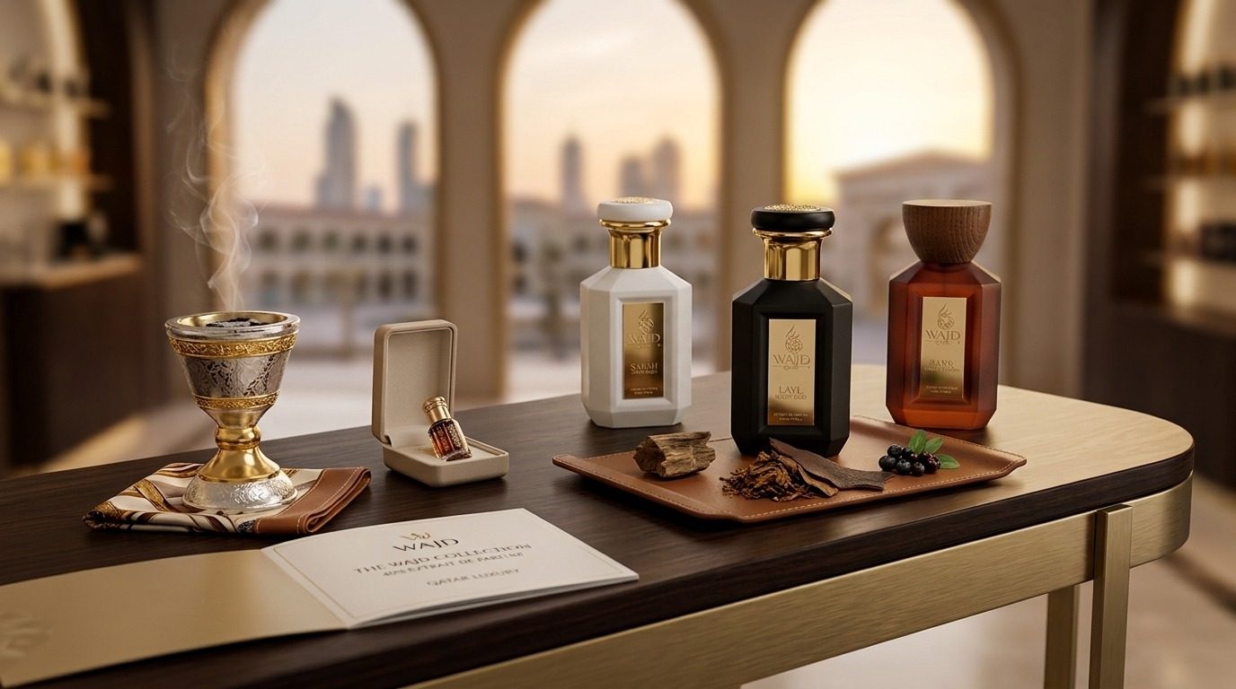 Qatar luxury perfume brands: WAJD SABAH, LAYL and BARR with a bakhoor burner and oud tray, Doha skyline behind