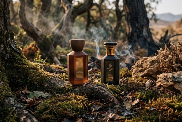 WAJD BARR Desert Leather and WAJD LAYL Night Oud Extrait de Parfum bottles on a moss-covered tree root with dry leaves, rocks and drifting woodsmoke