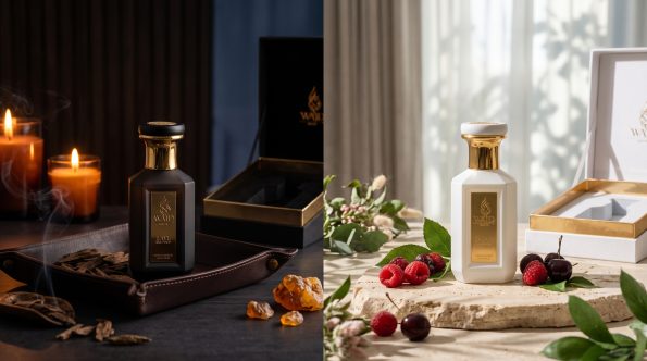 LAYL vs SABAH: WAJD LAYL Night Oud with candles and oud wood beside WAJD SABAH Dawn Berry with fresh berries