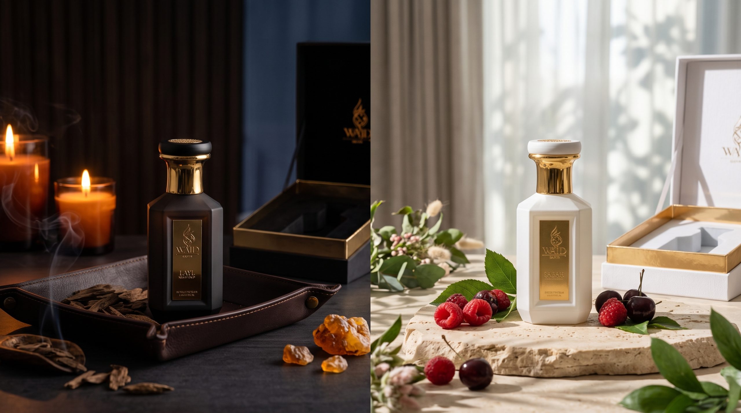 LAYL vs SABAH: WAJD LAYL Night Oud with candles and oud wood beside WAJD SABAH Dawn Berry with fresh berries