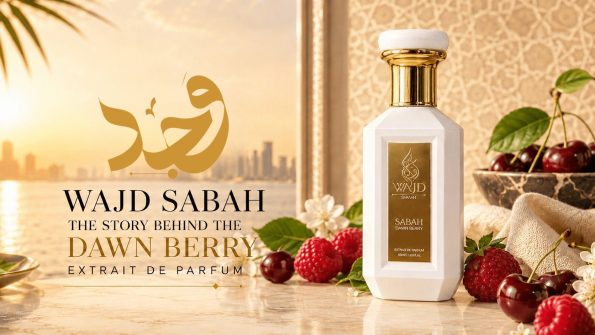 WAJD SABAH Dawn Berry Extrait de Parfum with raspberries, cherries and white flowers at sunrise