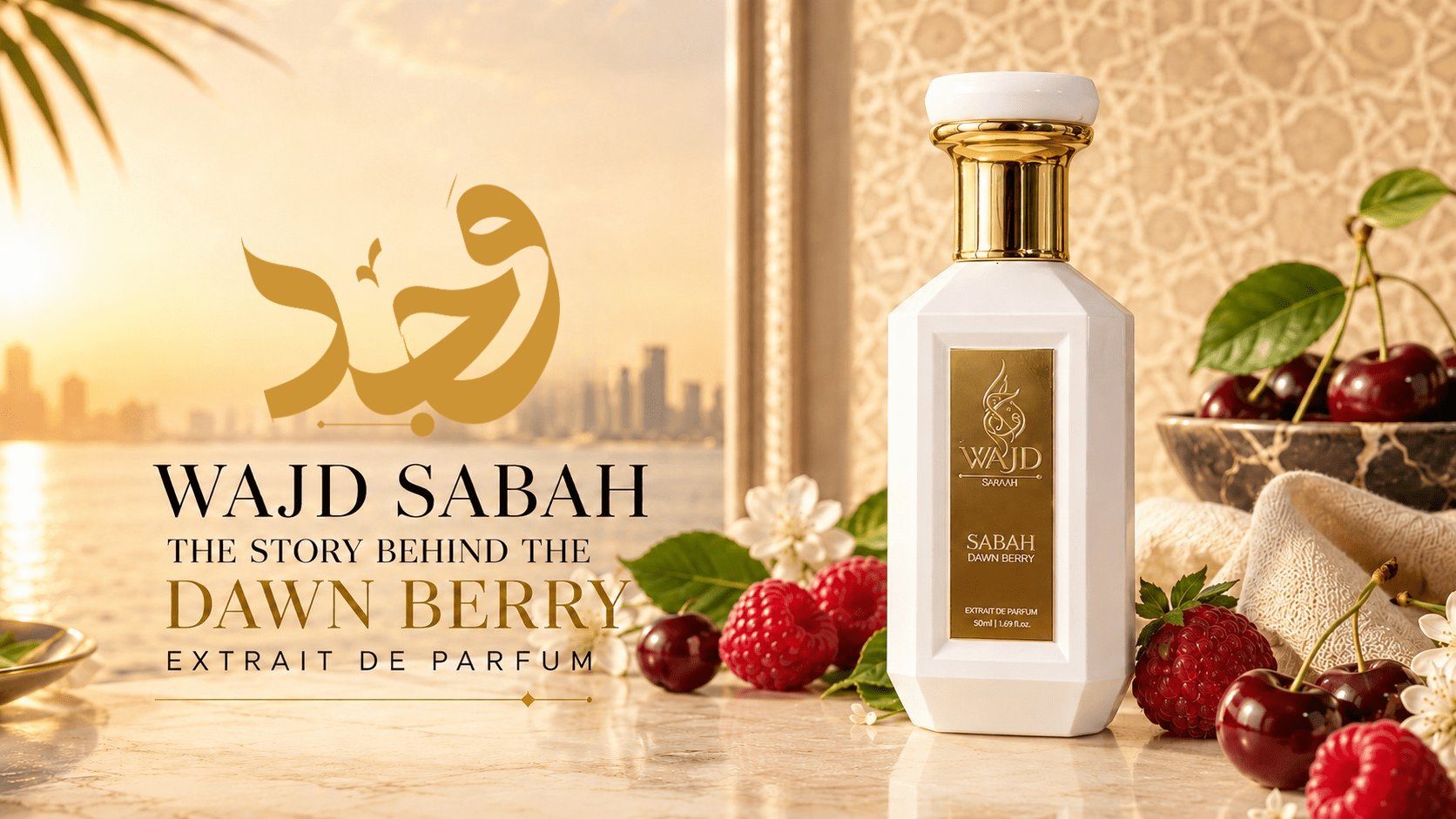 WAJD SABAH Dawn Berry Extrait de Parfum with raspberries, cherries and white flowers at sunrise