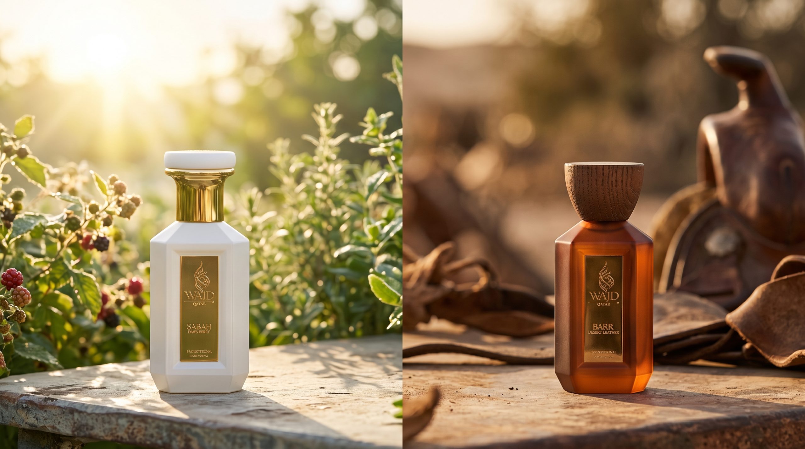 SABAH vs BARR: WAJD SABAH Dawn Berry among wild berries and greenery beside WAJD BARR Desert Leather with a leather saddle