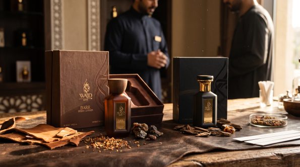 Animalic perfume: WAJD BARR Desert Leather and WAJD LAYL bottles with leather, resin and oud in a perfume boutique