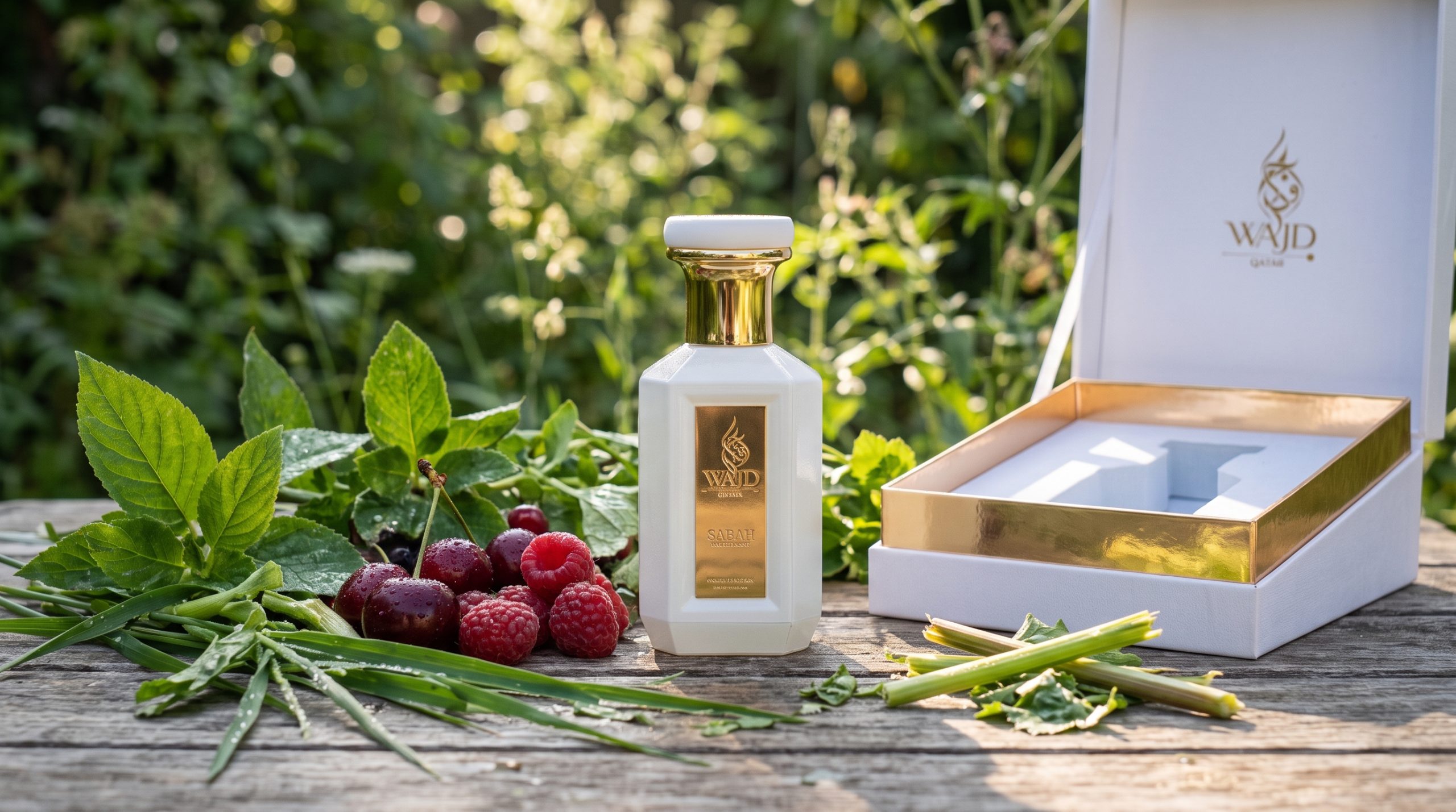 Green note perfume: WAJD SABAH Extrait de Parfum with fresh leaves, lemongrass and berries beside its white gift box