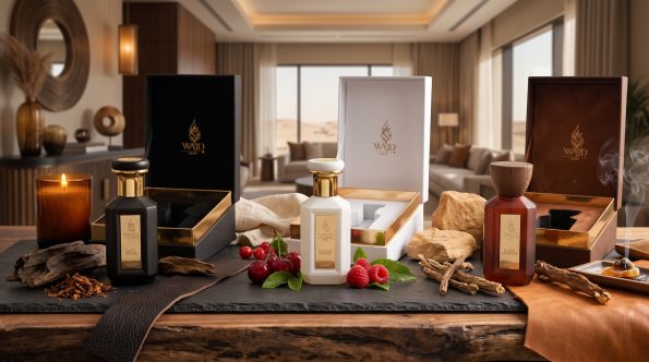 Which WAJD fragrance: LAYL, SABAH and BARR Extrait de Parfum bottles with gift boxes, oud wood, berries and leather